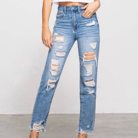 Insane Gene Denim - Trendy Ripped Blue Women's Straight Leg Jeans